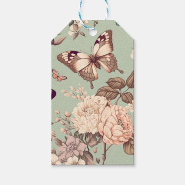 Fjärilar och blommor ωερυ ljust grön dekoration presentetikett (Framsidan)