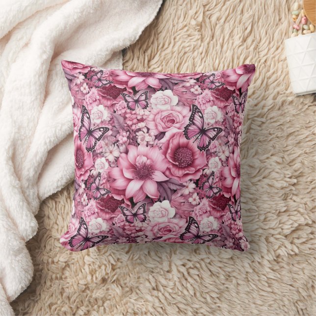 Fjärilar och blommor i varierande nyanser av rosa kudde (Filt)