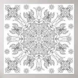 Fjärilar och Blommor Mandala Vuxen Färgning Poster