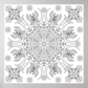 Fjärilar och Blommor Mandala Vuxen Färgning Poster