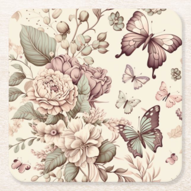 Fjärilar och blommor pastell dekoration underlägg papper kvadrat (Framsidan)