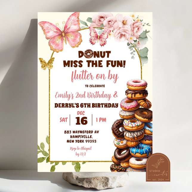 Fjärilar och Donuts gemensam födelsedag  Inbjudningar (Skapare uppladdad)