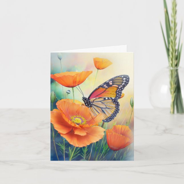 Fjärilar och Orange Vallmo Botanisk Anteckningskort (Framsida)