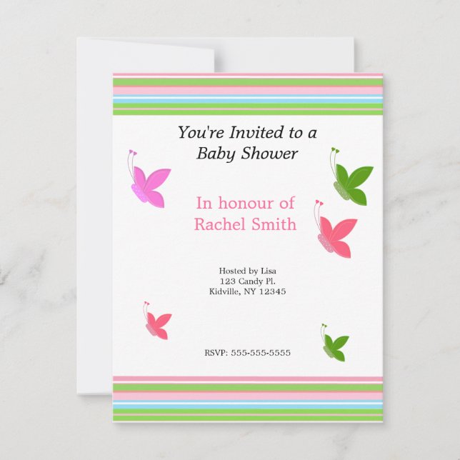 Fjärilar och ränder Baby Shower-inbjudan Inbjudningar (Framsida)