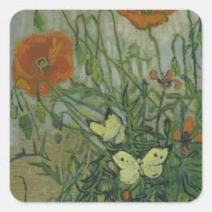Fjärilar och vallmo av Vincent van Gogh Fyrkantigt Klistermärke