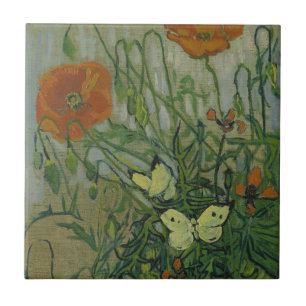 Fjärilar och vallmor av Vincent van Gogh Kakelplatta