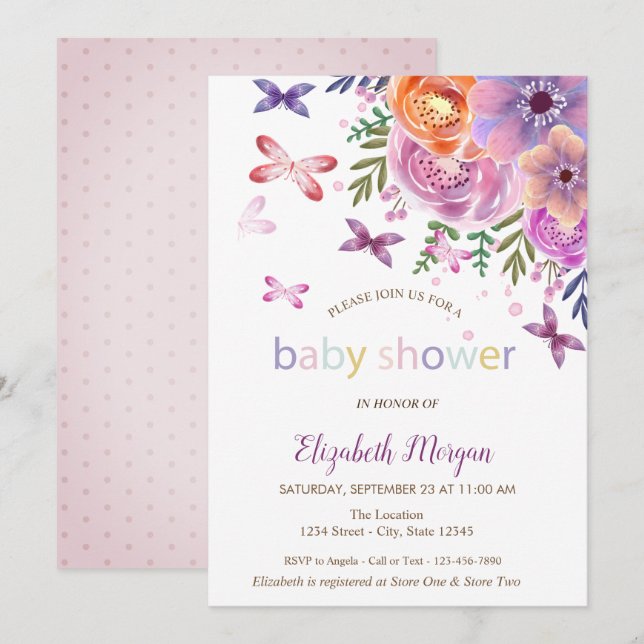 Fjärilar Prickar Blommig Baby Shower Inbjudningar (Fram/baksida)