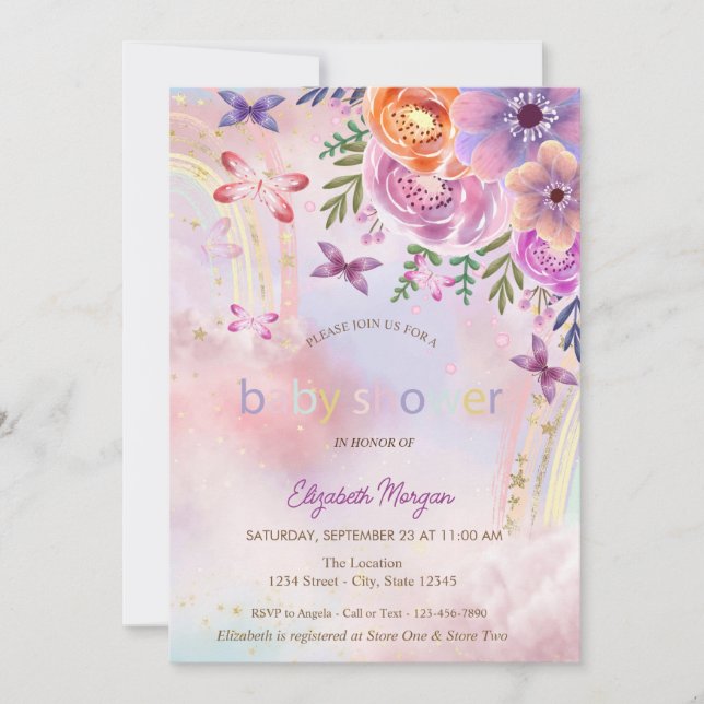 Fjärilar Regnbåge Blommig Baby Shower Inbjudningar (Framsida)