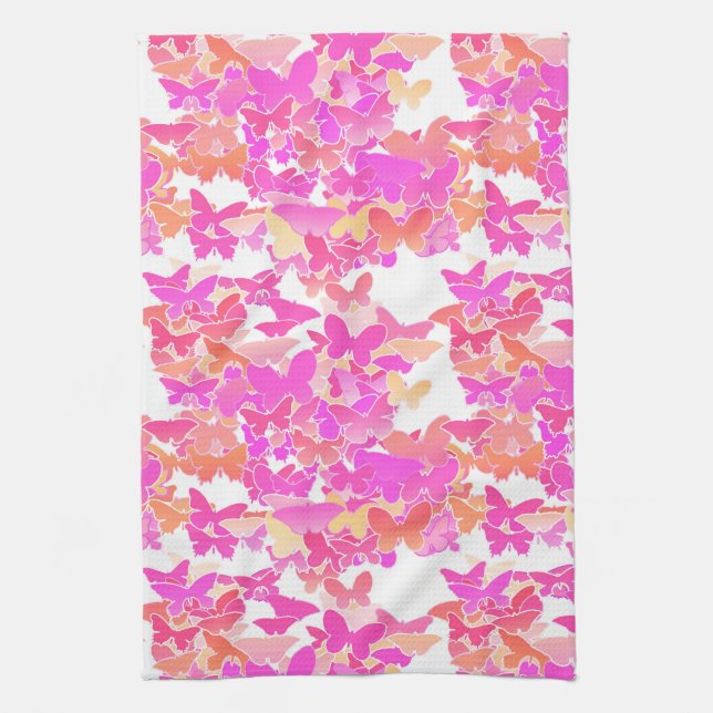 Fjärilar, rosa, fuchsia och korall kökshandduk (Vertikal)