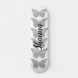 Fjärilar Silver Grå Glitter Personlig Mini Skateboard Bräda 18,5 Cm
