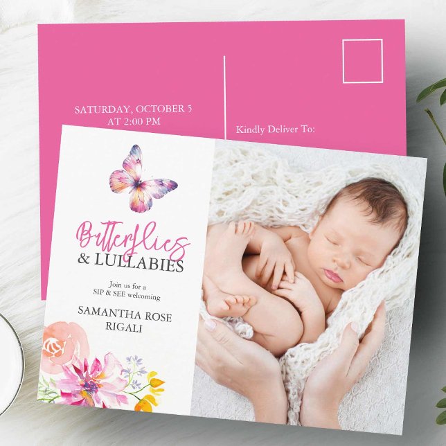 Fjärilar Smakar och Ser Blivande Mamma Baby Shower Helg Vykort (Sip and see baby shower invitations pink floral and butterflies)