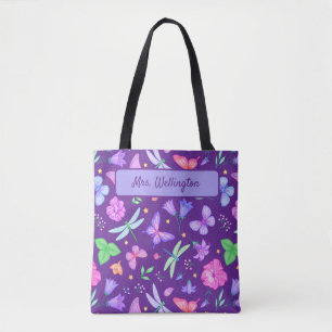 Fjärilar & Trollsländor lila och rosa blommor Tygkasse