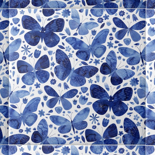 Fjärilar Vattenfärg Blå Kakelplatta (Indigo blue and white watercolor butterfly pattern art ceramic tile)