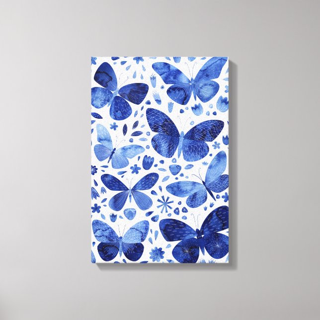 Fjärilar Vattenfärg Indigo Blå Canvastryck (Framsida)