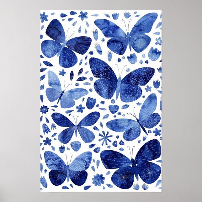 Fjärilar Vattenfärg Indigo Blå Poster (Framsidan)