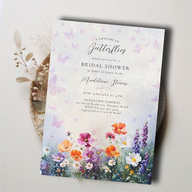 Fjärilar Vilda blommor Syren Trädgård Bröllopsdusc Inbjudningar (lifetime butterflies bridal shower invitation brunch tea pink purple mauve lilac wildflowers garden )