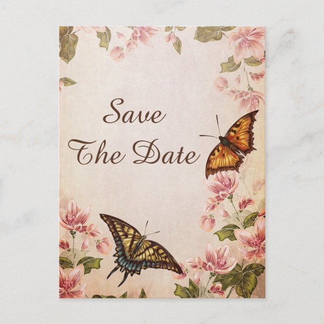 Fjärilar & Vintage Mandelblomning Spara Datum Meddelande Vykort (Framsida)