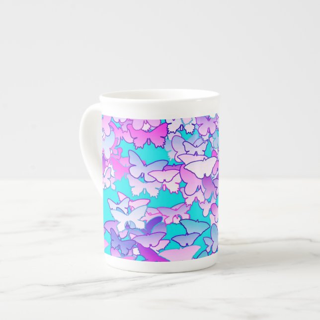 Fjärilar, violetta och turkosa benporslin mugg (Framsida vänster)