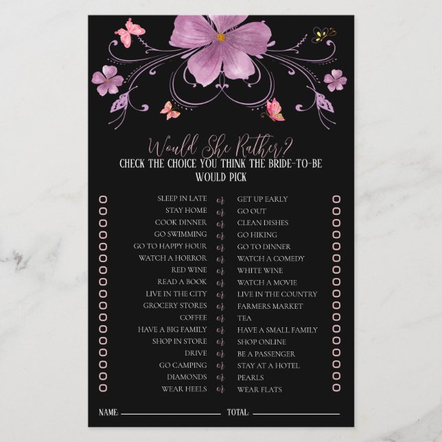 Fjärilar Would She Rather Bröllopsfest Spel  (Framsida)