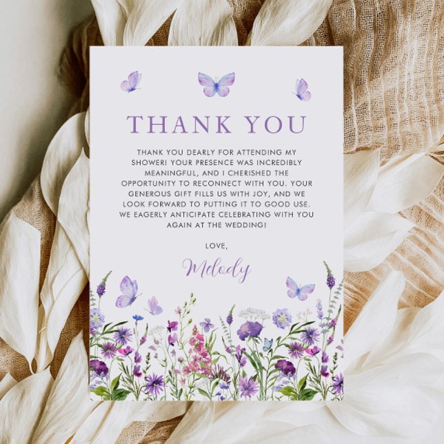 Fjärilars livstid Bröllopsfest för vildblommor Tack Kort (Lifetime of Butterflies Wildflower Bridal Shower Thank You Card)