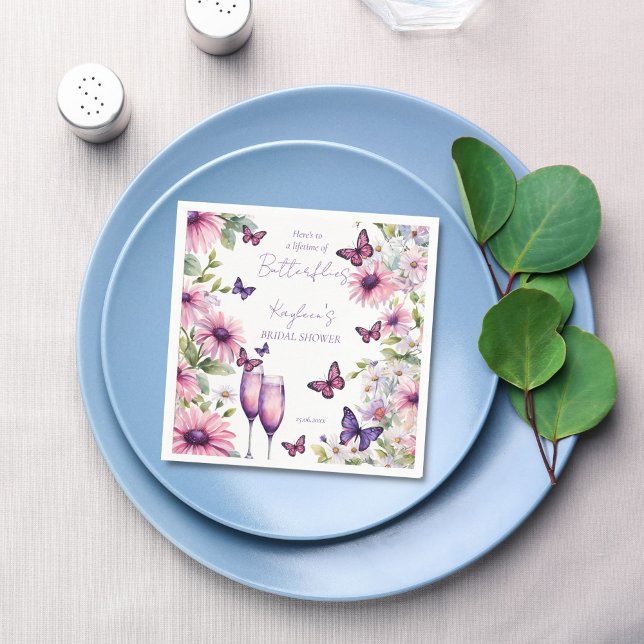 Fjärilars livstid lila bröllopsdusch pappersservett (To a Lifetime of butterflies purple pink bridal shower monogram printed napkins custom table decor)