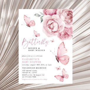 Fjärilkyssar Rosa Blommig Flickas Babyshower Inbjudningar