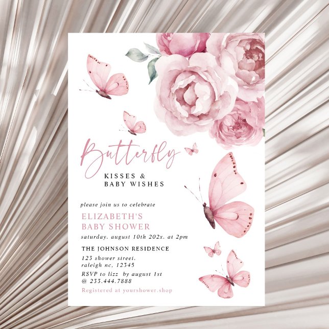 Fjärilkyssar Rosa Blommig Flickas Babyshower Inbjudningar (Skapare uppladdad)