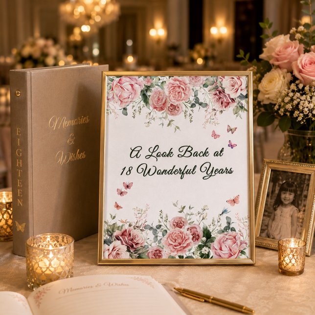 Fjärilminnestavla skylt (Elegant framed memory table sign with blush roses, butterflies, and romantic debut styling.)