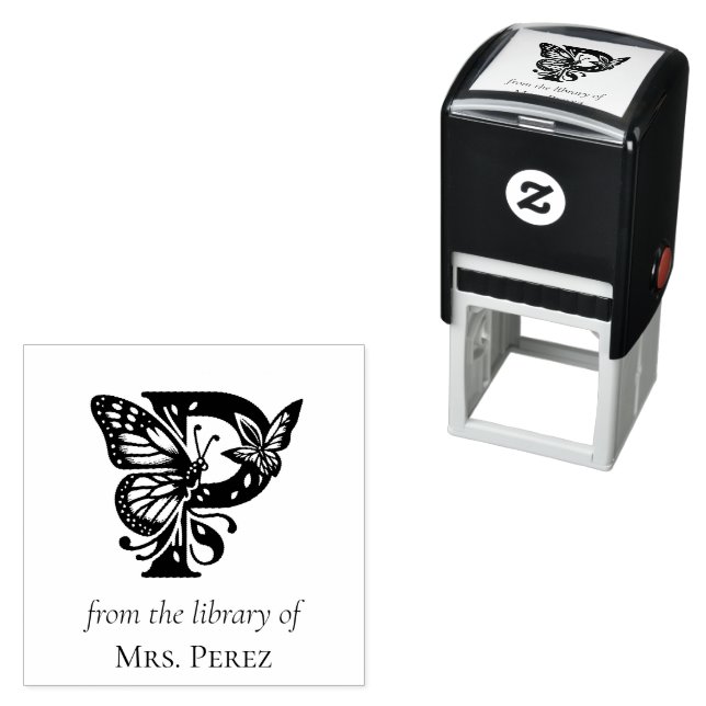 Fjärilmonogram Bokstav P Från Biblioteket Tillhöra Självfärgande Stämpel (In Situ)