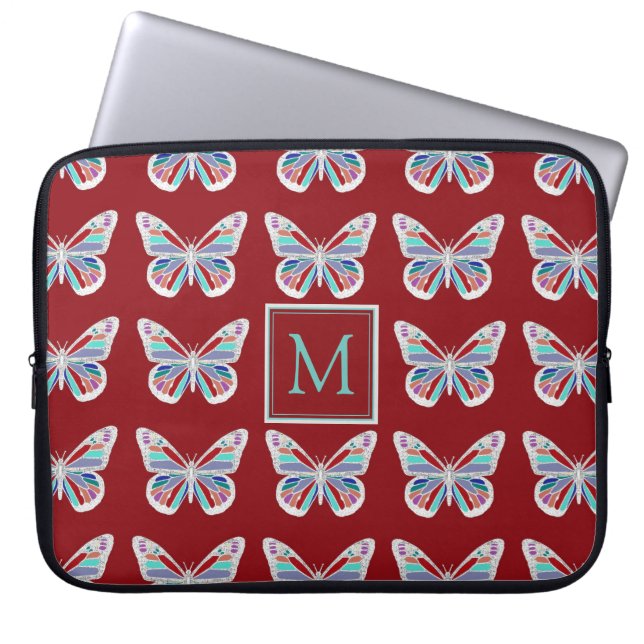Fjärilmönster på vinröd monogram laptop fodral (Framsidan)