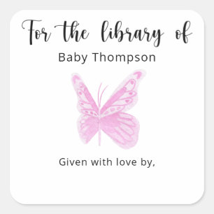 Fjärils baby shower bokplakett, böcker för bebis fyrkantigt klistermärke