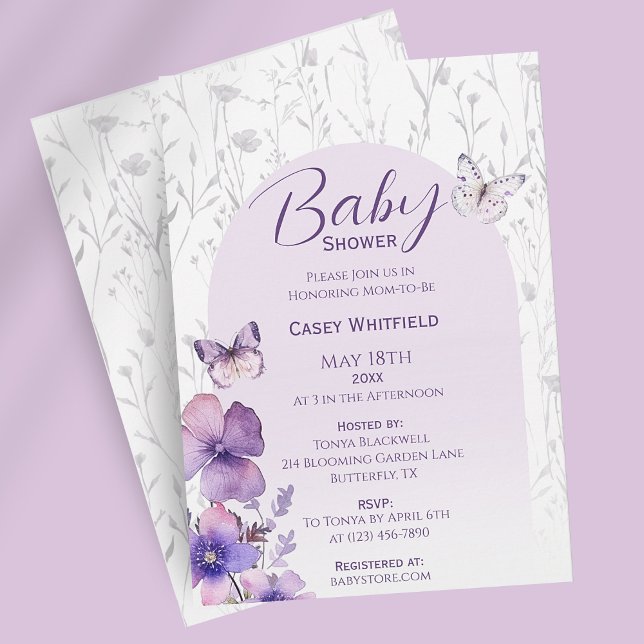 Fjärils Baby Shower Modern Boho Flicka Inbjudningar (Pastel Purple Butterfly Girl Baby Shower Invitation
)
