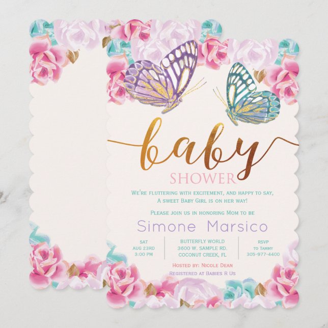 Fjärils Babyshower Inbjudan (Fram/baksida)