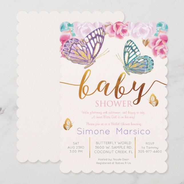 Fjärils Babyshower Inbjudan (Fram/baksida)