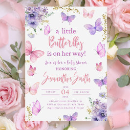 Fjärils-Babyshower-inbjudan, Rosa Lila Inbjudningar
