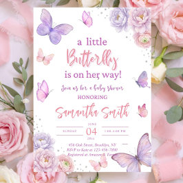 Fjärils-Babyshower Inbjudan, Rosa Lila Inbjudningar