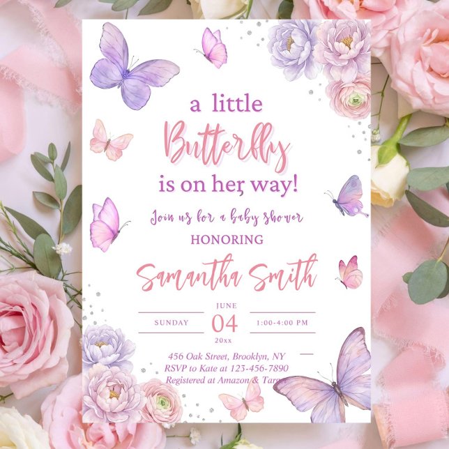 Fjärils-Babyshower Inbjudan, Rosa Lila Inbjudningar (Skapare uppladdad)