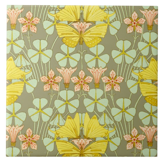 Fjärils blomster botanisk färgrik kakelplatta (Framsidan)