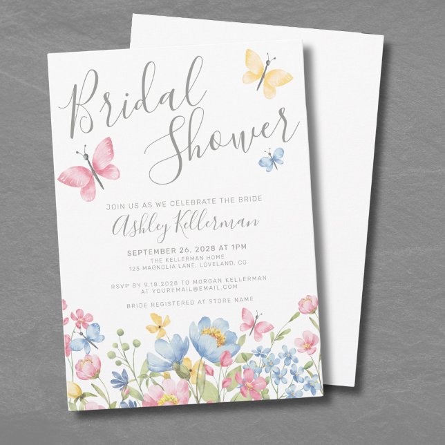 Fjärils Bröllopsdusch med Vilda Blommor Inbjudningar (Watercolor Wildflower Butterfly Bridal Shower Invitation)