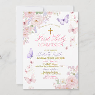 Fjärils mjuk blomsterdoft första heliga kommunion inbjudningar