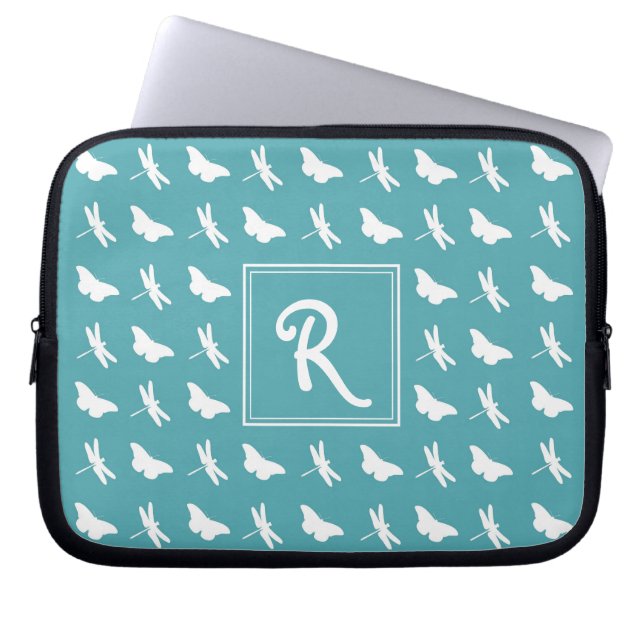 Fjärils- och trollslände-monogram med turkos mönst laptop fodral (Framsidan)