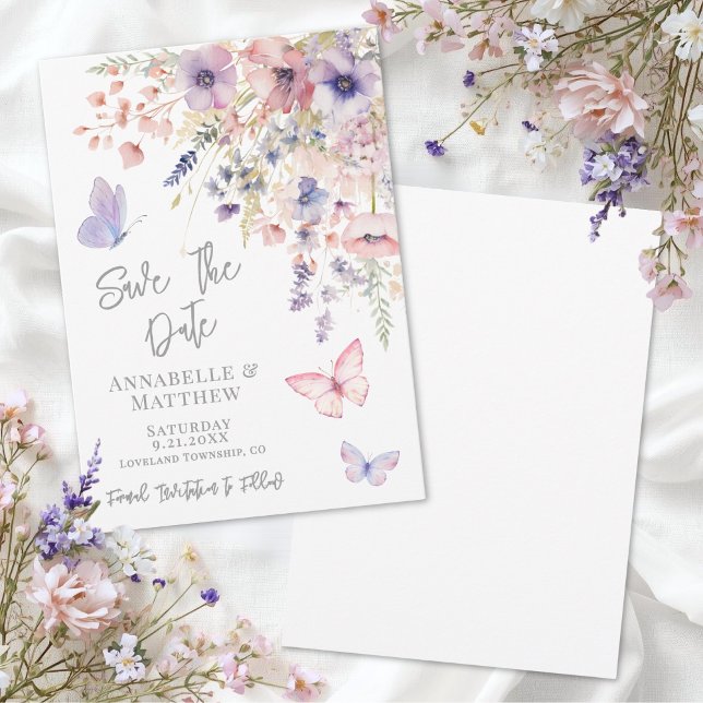 Fjärils- vildblomma bröllop spara datumet (Butterfly Wildflower Wedding Save the Date )