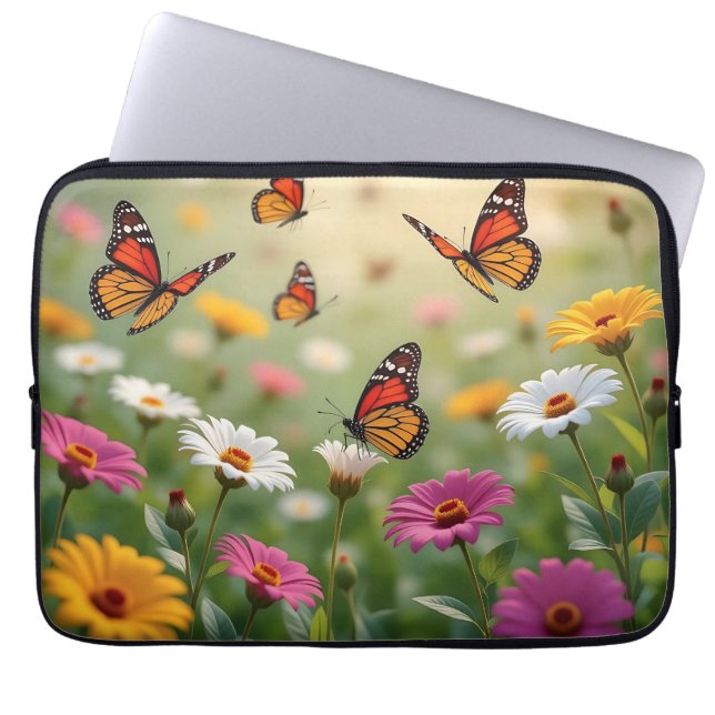Fjärilsängs Sömlöst Mönster Livfulla Blommor Laptop Fodral (Framsidan)
