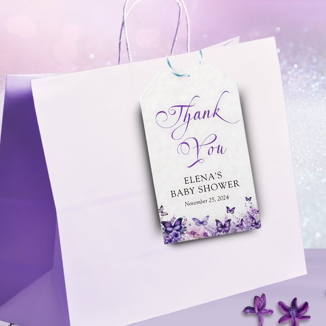 Fjärilsbabyfest Elegant Lila Blommig Presentetikett (Skapare uppladdad)