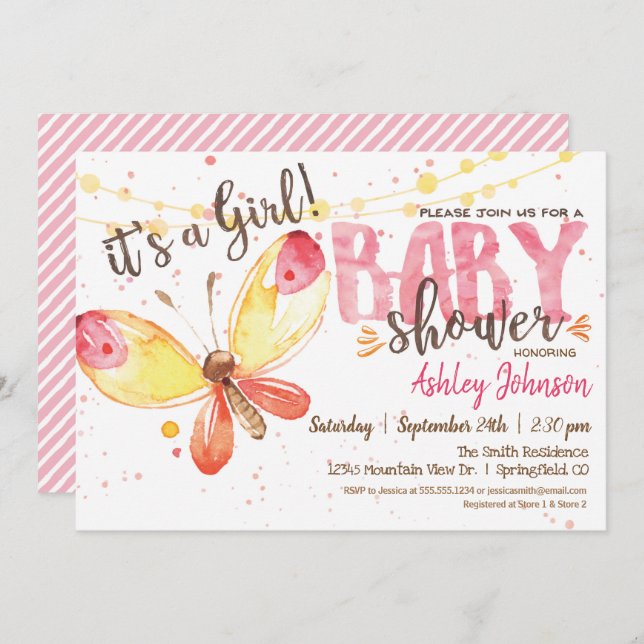 Fjärilsbabykalasinbjudan, det är en flicka inbjudningar (Fram/baksida)