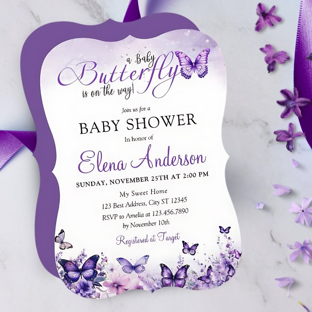Fjärilsbabyshower Elegant Lila Blommig  Inbjudningar (Skapare uppladdad)