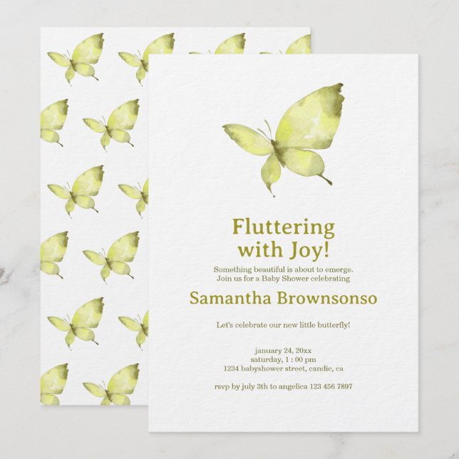 Fjärilsbabyshower Inbjudningar (Fram/baksida)