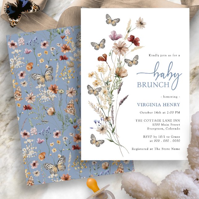 Fjärilsblå Bebisdopp Inbjudningar (Boho Wildflowers Butterfly Blue Baby Shower Invitation by Painted Paperie
)