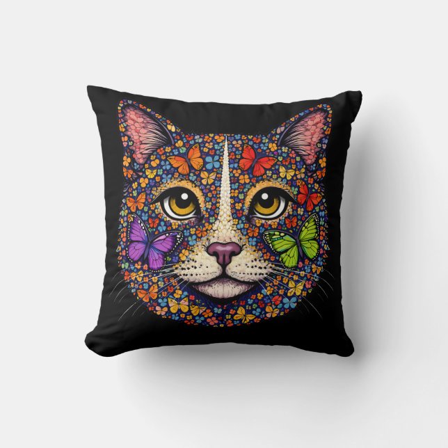 Fjärilsblomfärg Kattporträtt Katter Mamma Svart Kudde (Framsida)