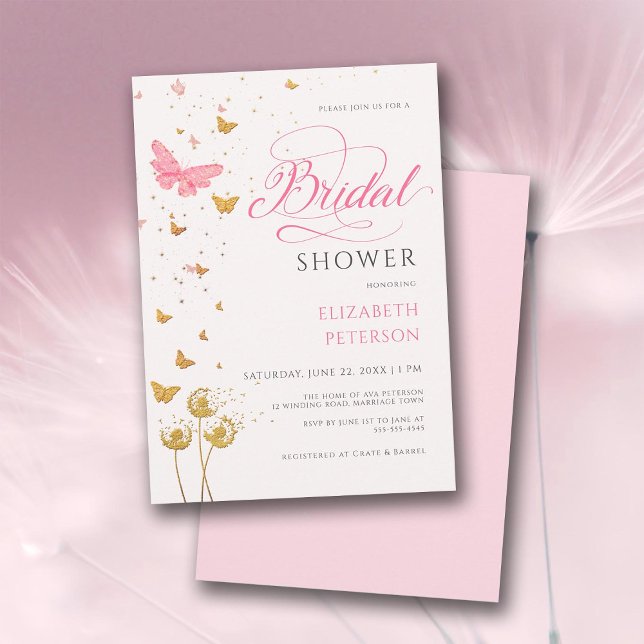 Fjärilsblommor Boho trädgård Bröllopsdusch Inbjudningar (pink and gold bridal shower invitation butterflies wildflowers elegant romantic boho rustic chic)